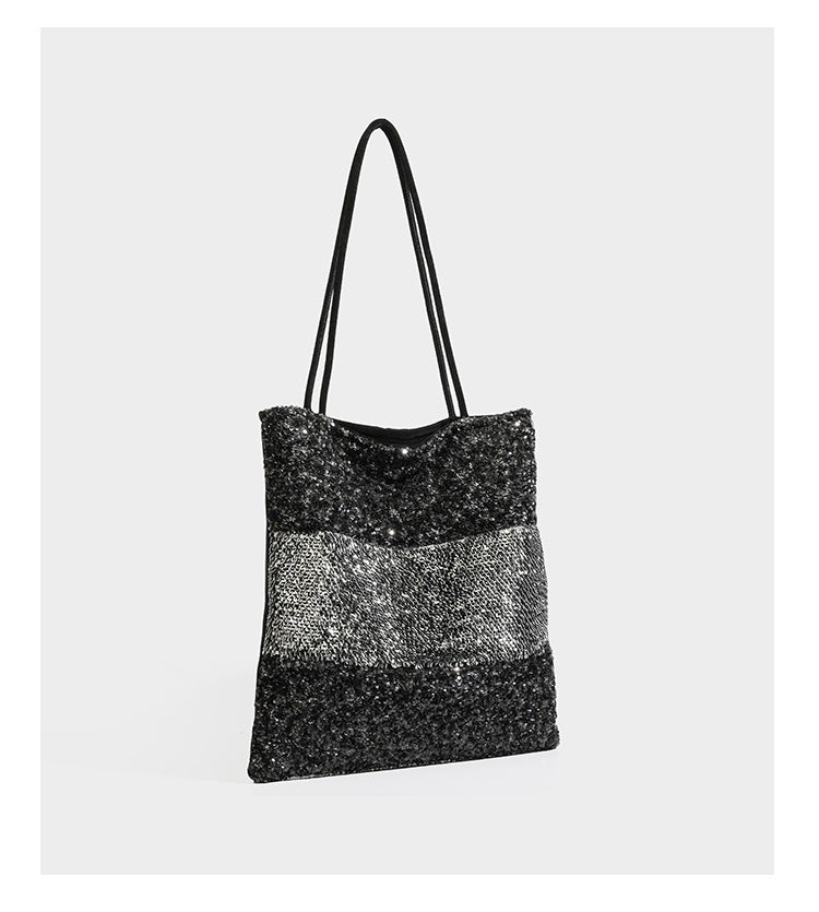 Soft rectangular sequin tote bag with colorblock metallic panels and long slim shoulder straps, detail view 15