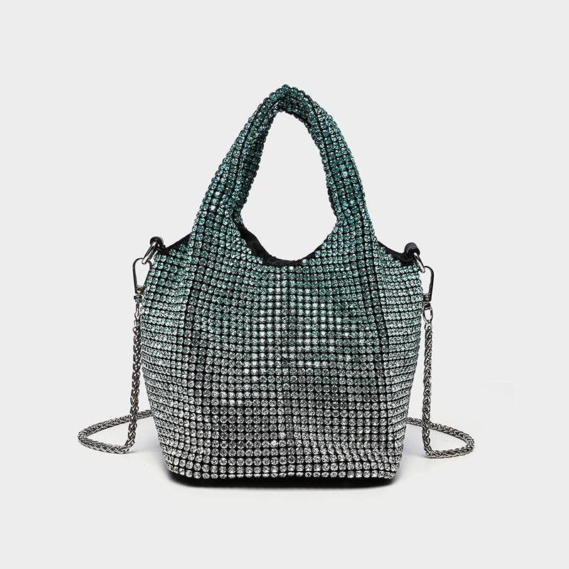 Small all-over rhinestone crystal bucket bag with twin handles and detachable chain shoulder strap, detail view 16