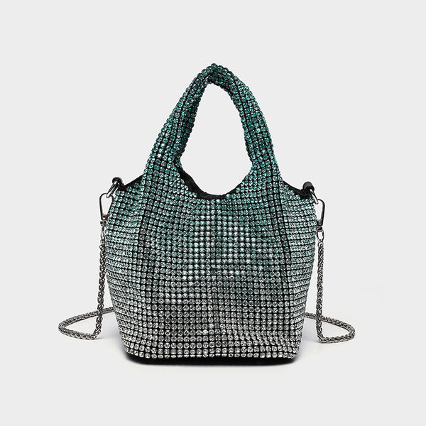 Small all-over rhinestone crystal bucket bag with twin handles and detachable chain shoulder strap, detail view 16