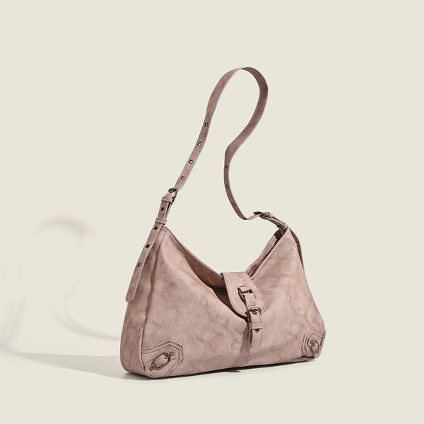 Slouchy distressed leather-look hobo bag with antique brass buckle closure and adjustable shoulder strap, detail view 3