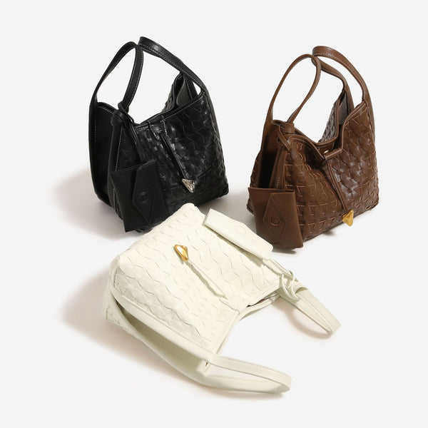 Woven embossed leather-look bucket bag with triangular texture pattern, gold-tone hardware, and attached mini snap pouch