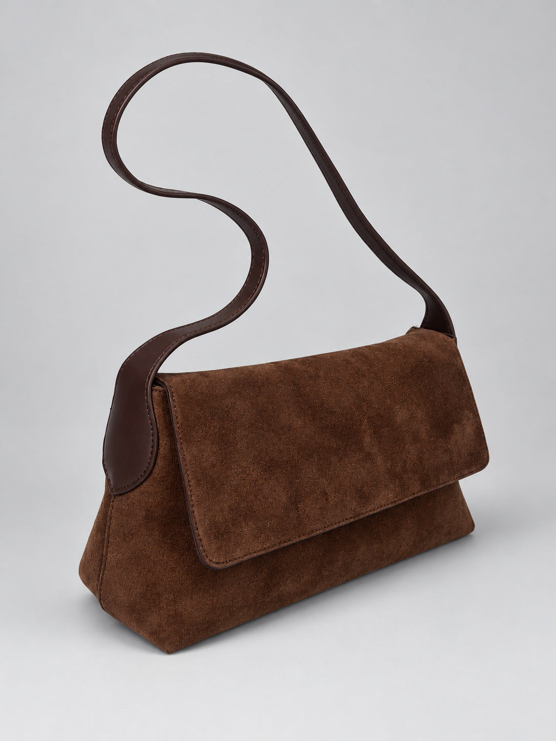 Rectangular matte suede-finish flap shoulder bag with slim dark strap and gold-tone turn-lock hardware, detail view 15