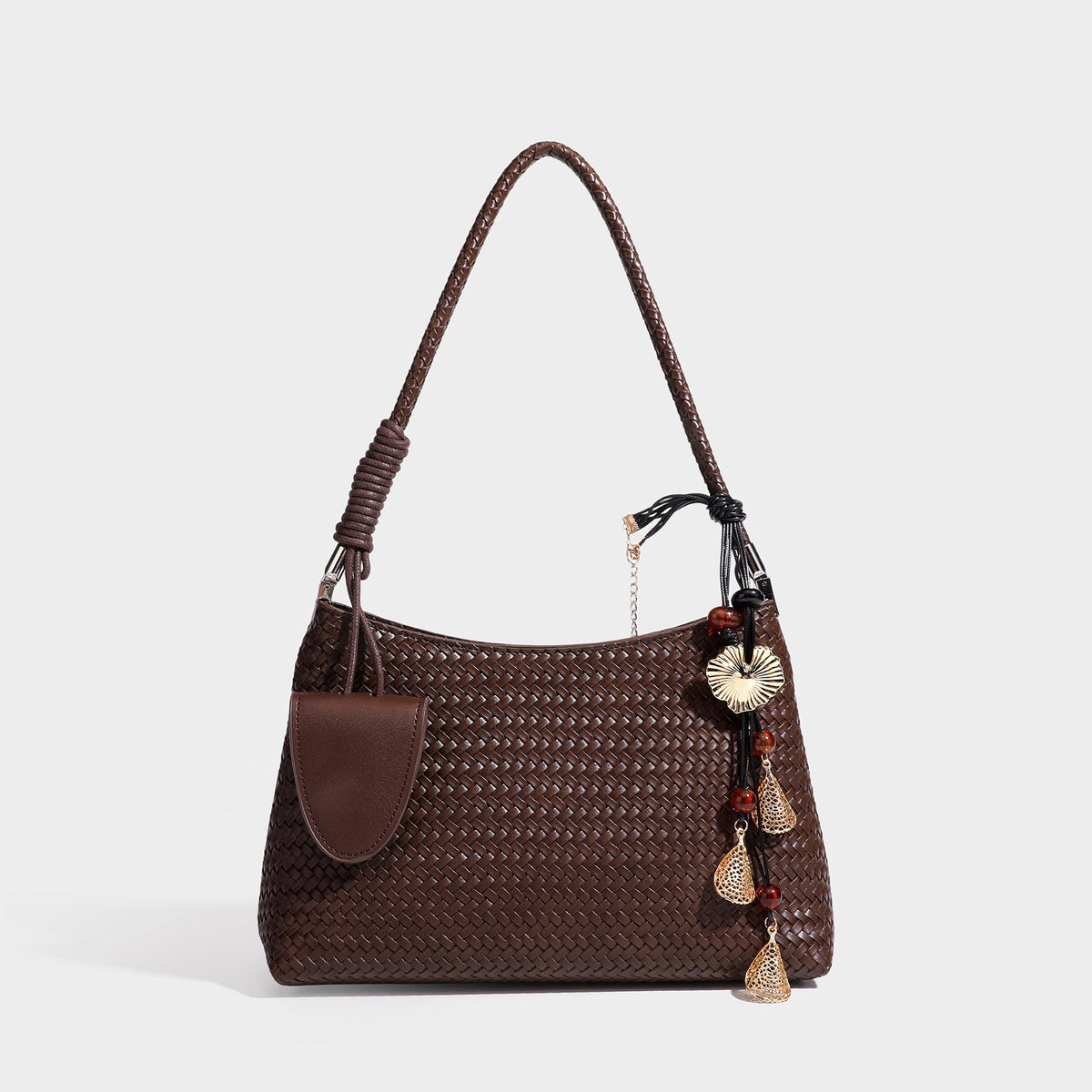 Woven-texture hobo shoulder bag in brown with braided top handle, adjustable crossbody strap, front flap pocket, and, detail