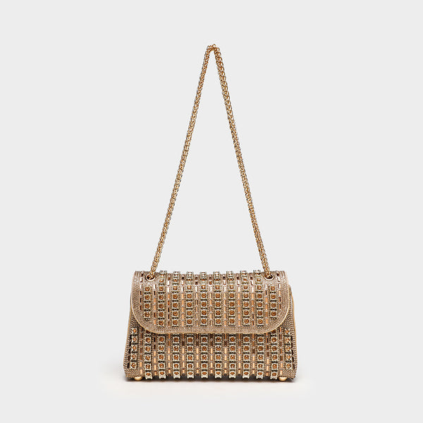 Structured mini flap crossbody bag covered in grid-set rhinestones with silver-tone chain strap, detail view 5
