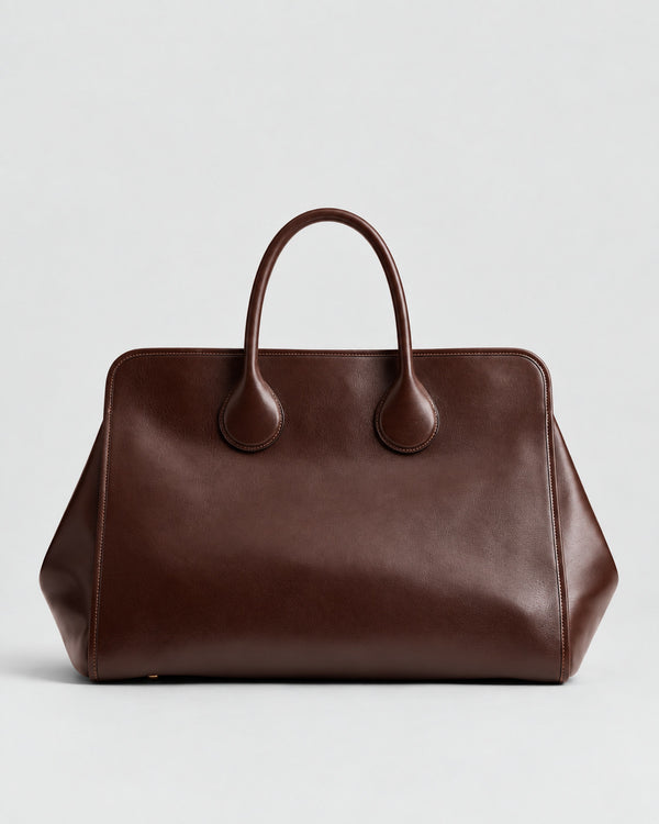 Structured leather-look tote bag with three gold-tone turn-lock closures and double rolled top handles, detail view 7