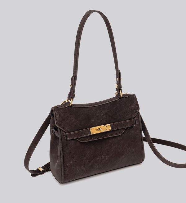 Structured dark brown flap satchel with gold-tone turn-lock hardware and detachable shoulder strap, detail view 15