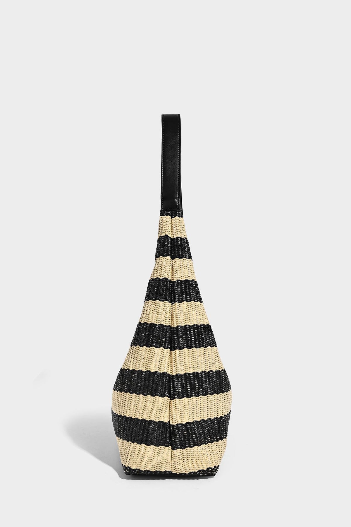 Black and beige striped woven shoulder tote bag with leather-look trim and detachable black zip pouch, detail view 15