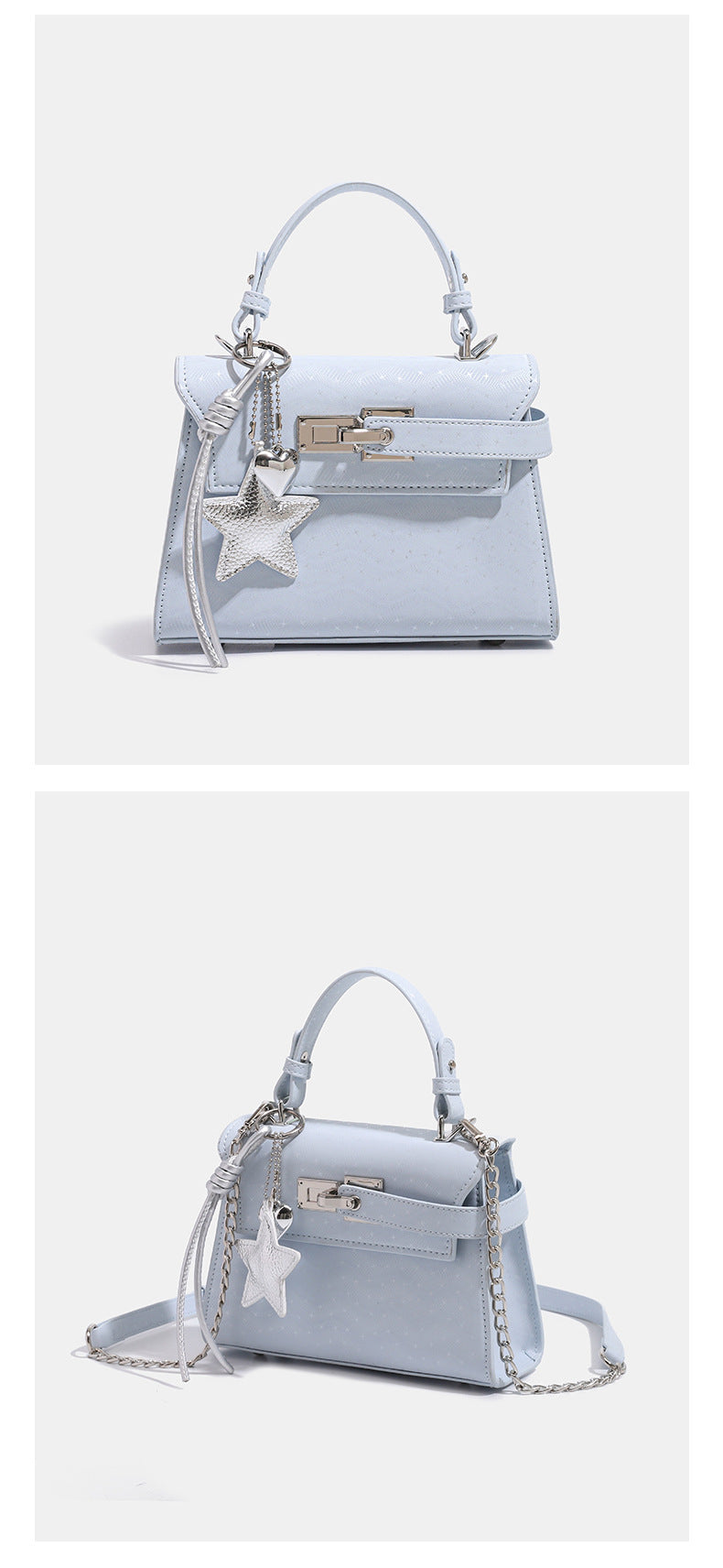 Miniatur-Trapeztasche mit strukturierter Form, geprägter Oberfläche, silberfarbenem Drehverschluss, Stern-Anhänger mit Kordelquasten