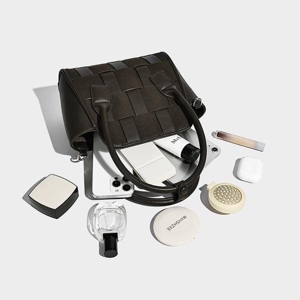 Small structured woven-panel mini tote bag with double top handles and detachable crossbody strap in matte leather-look