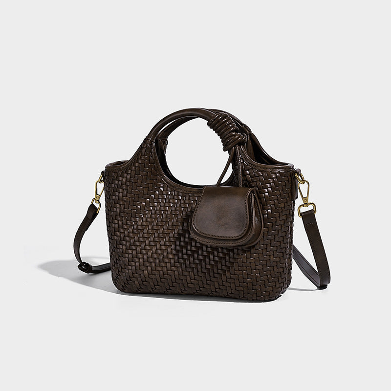 Woven texture tote bag with knotted top handles, attached front mini pouch, and gold-tone hardware, detail view 6