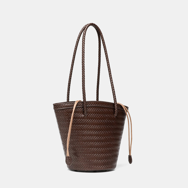 Woven herringbone-texture bucket bag with braided rope shoulder strap in dark brown, detail view 2