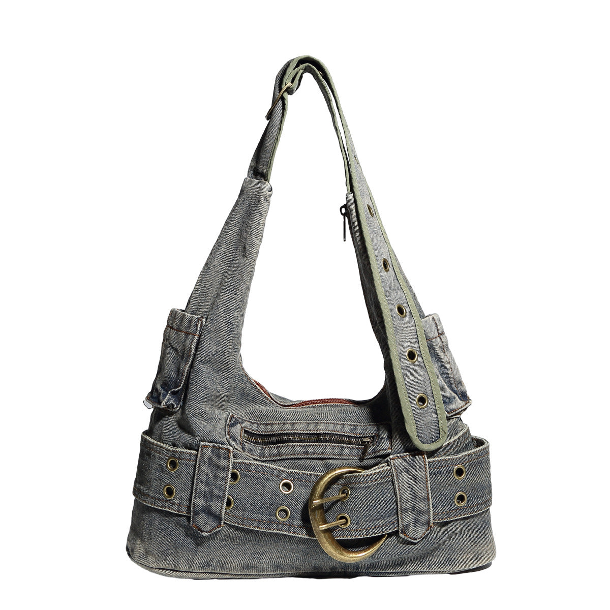 Washed faded denim hobo shoulder bag with wide brass-tone buckle belt panel, eyelet detailing, front zip pocket, and dual