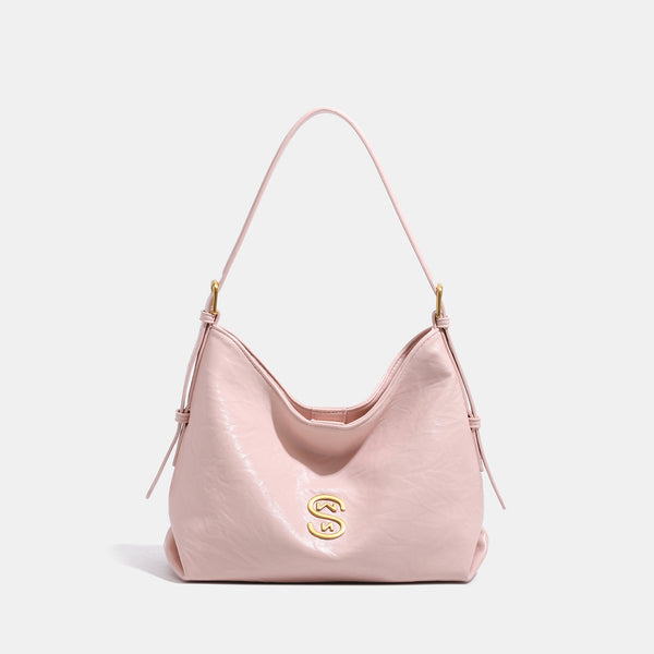Slouchy hobo shoulder bag in crinkled gloss leather-look with gold-tone hardware and adjustable strap, front view