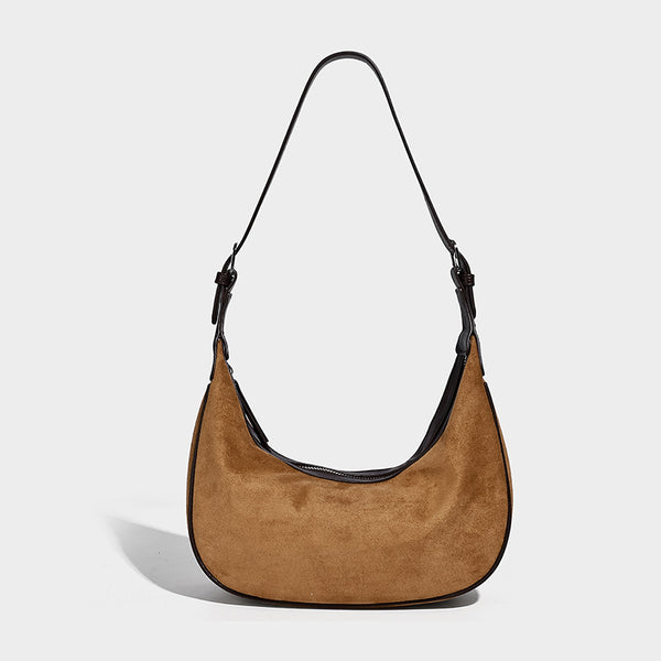 Crescent hobo shoulder bag in matte suede-look finish with black trim and adjustable strap, detail view 6