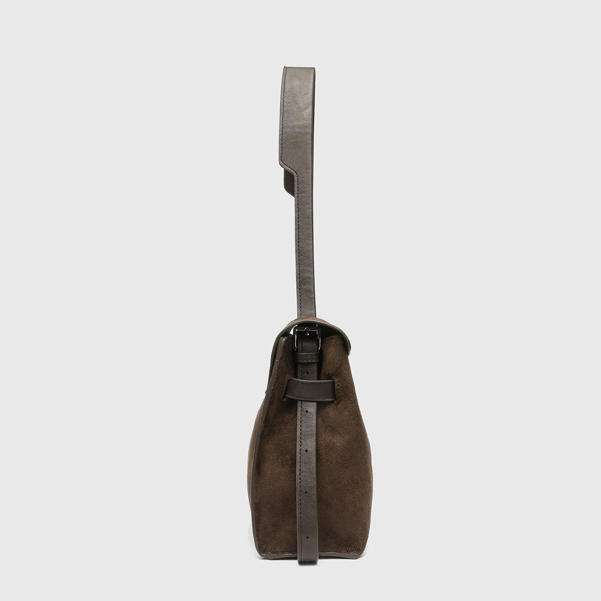 Coffee brown suede-finish flap shoulder bag with silver turn-lock clasp and dark leather-look trim, detail view 2