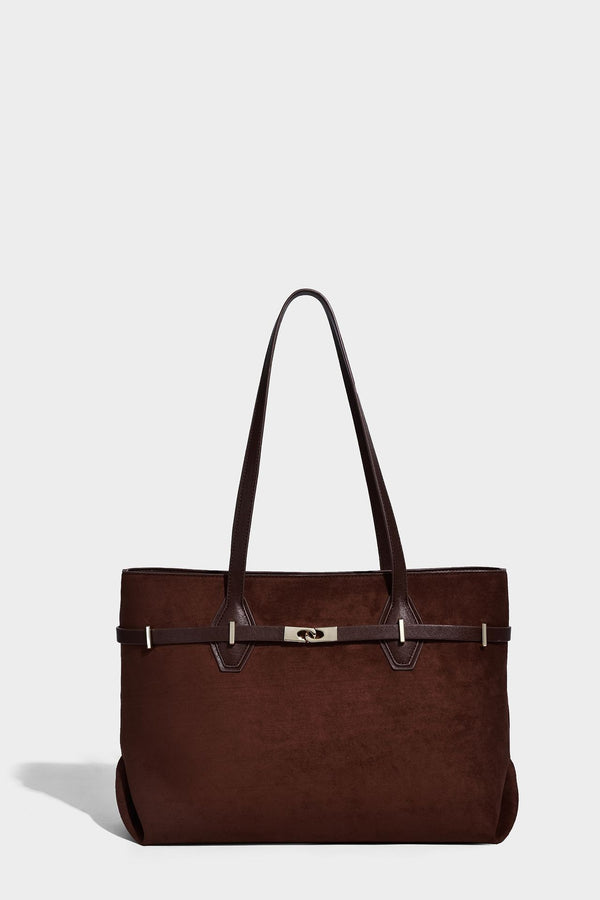 Structured suede-look shopper tote with wraparound belt strap and gold turn-lock clasp, long dark brown shoulder handles