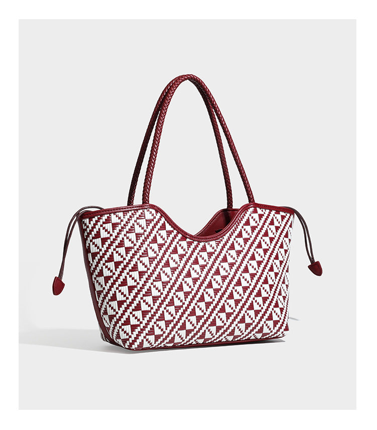 Woven geometric two-tone tote bag with braided shoulder straps and leather-look trim, detail view 21