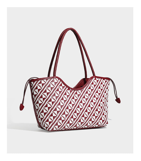 Woven geometric two-tone tote bag with braided shoulder straps and leather-look trim, detail view 21