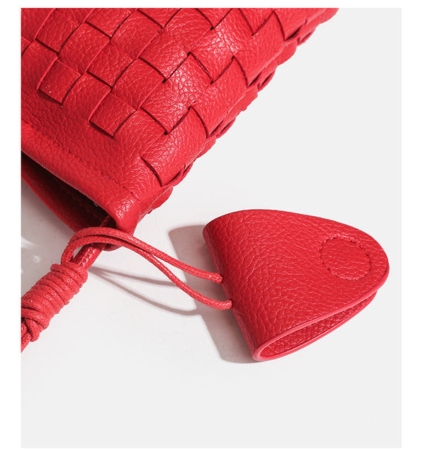 Mini woven square-pattern crossbody phone bag with long cord strap and front snap flap pocket in red textured leather-look