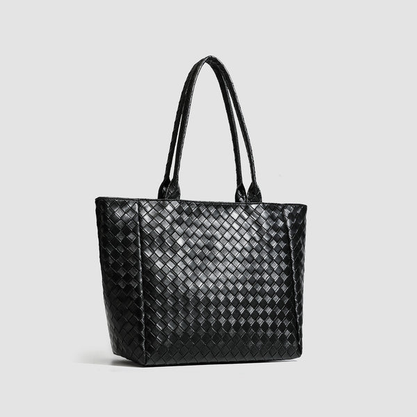 Large structured black woven diamond-pattern tote bag with braided double shoulder straps and glossy leather-look finish