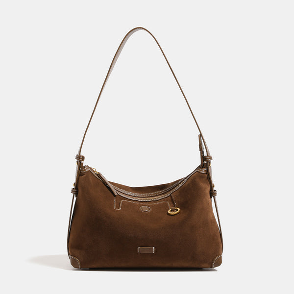Hobo-Bag in Tabakbraun mit Velourslederoptik, Besatz in Lederoptik, Kontrastnähten, goldfarbenen Beschlägen und verstellbarem Crossbody-Riemen