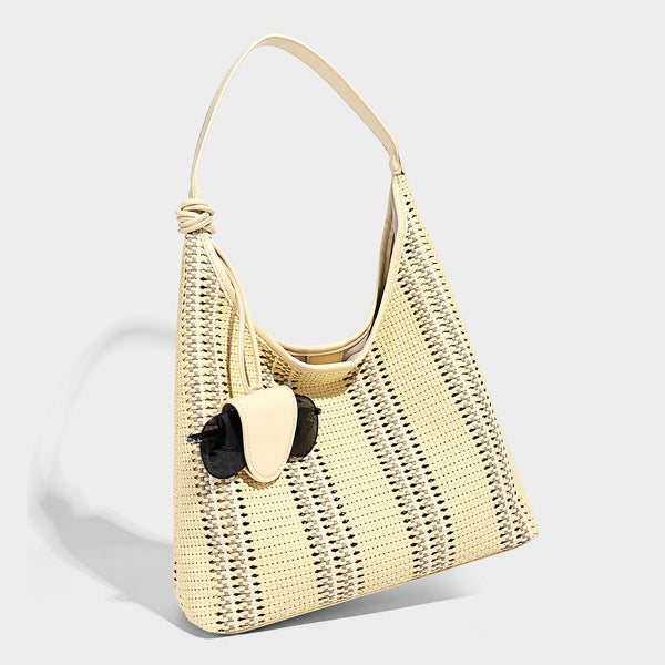 Woven striped slouch shoulder tote bag with knotted strap and attached front flap pouch, detail view 4