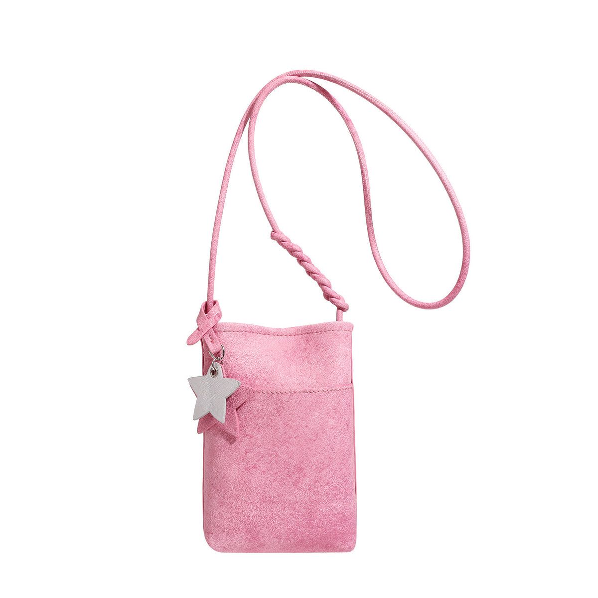 Small vertical textured mini crossbody phone bag with long braided cord strap and silver-toned star charm, detail view 5