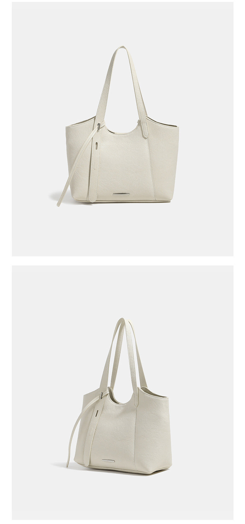 Structured trapezoidal tote bag with smooth leather-look finish, long black contrast shoulder straps, and dangling strap
