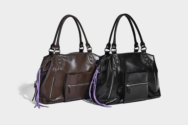 Glänzende strukturierte Tote-Henkeltasche mit zwei Tragegriffen, abnehmbarem Crossbody-Riemen, Reißverschlusstaschen auf der Vorderseite und silberfarbenen Beschlägen