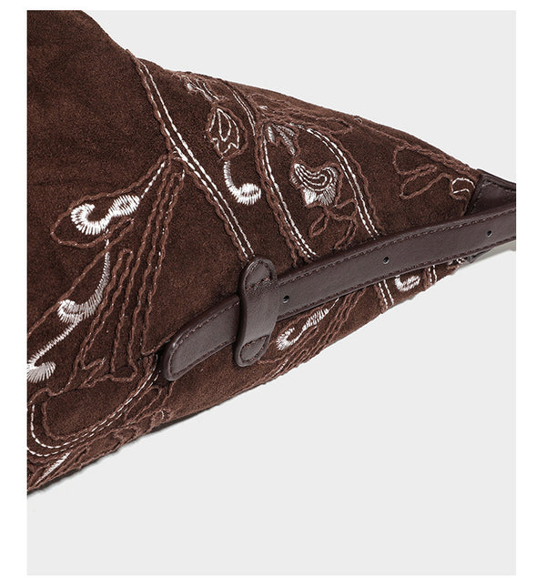 Deep chocolate suede-look hobo shoulder bag with tonal paisley floral embroidery, smooth dark leather-look trim, top zip