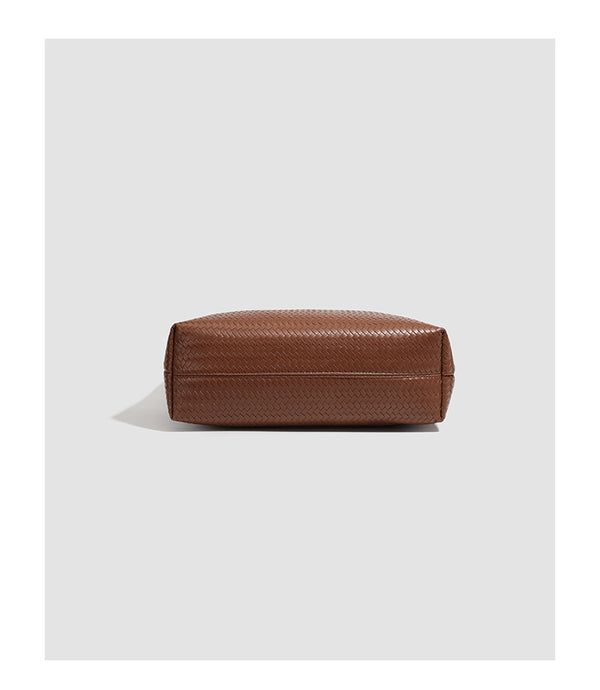 Structured cognac brown woven-texture tote bag with double top handles and open top, detail view 11