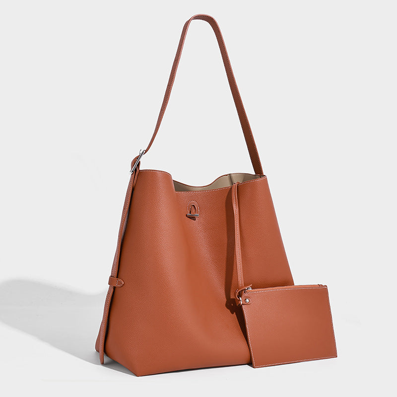 Large structured pebbled leather-look tote bag with matching zip pouch and adjustable shoulder strap, front view