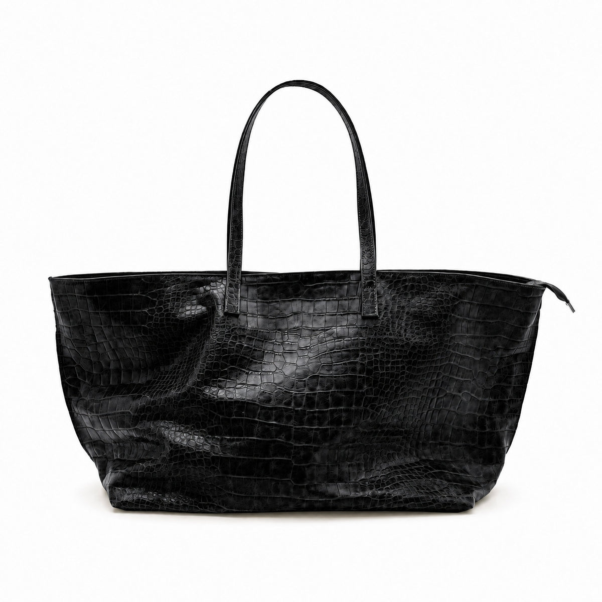 Oversized glossy crocodile-embossed tote bag with long double shoulder straps, detail view 7