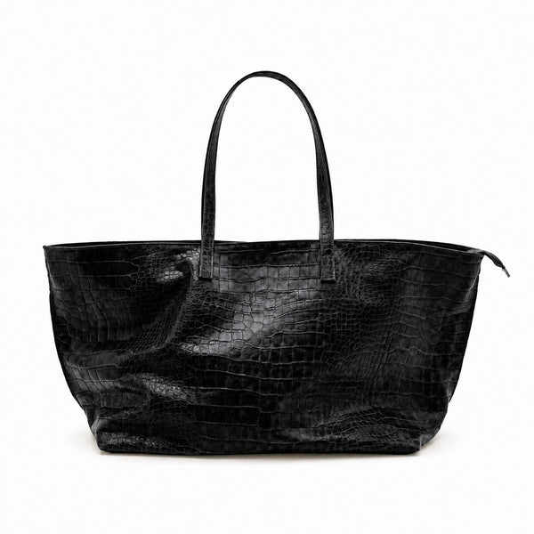 Oversized glossy crocodile-embossed tote bag with long double shoulder straps, detail view 7