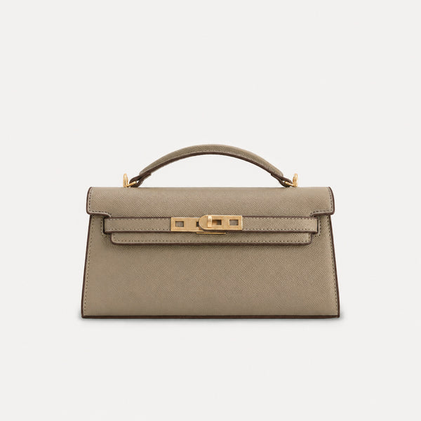 Strukturierte rechteckige Satchel-Tasche mit Krokodilprägung, goldfarbenem Drehverschluss und kurzem Henkel, Detailansicht 15