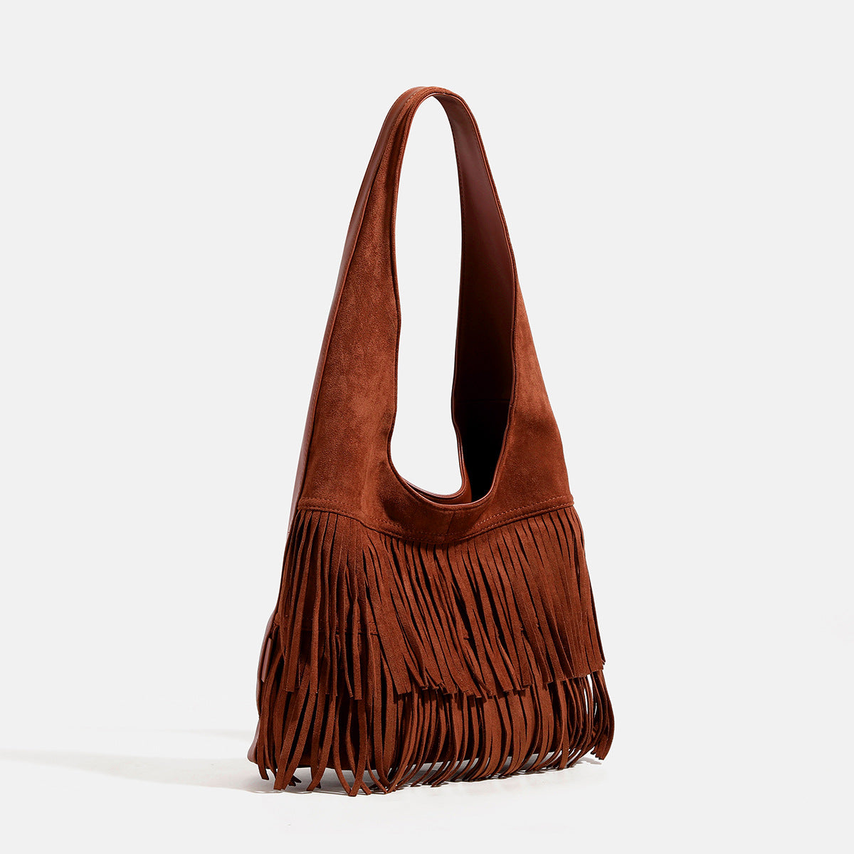 Cognac brown suede-look hobo shoulder bag with layered fringe trim and single loop strap, detail view 2
