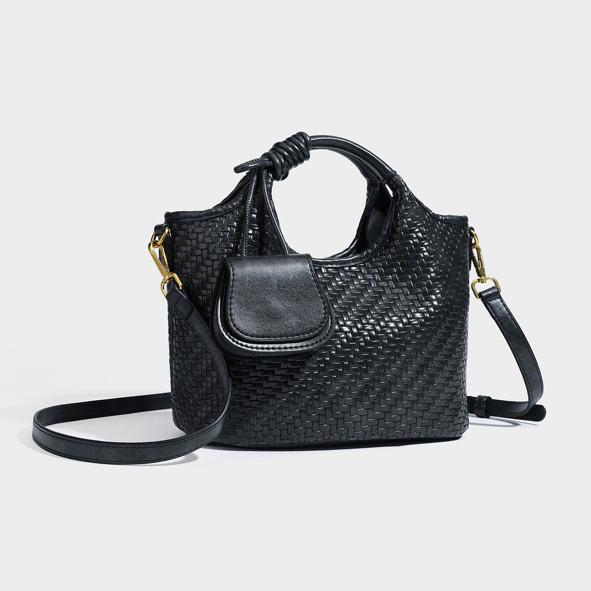 Woven leather-look tote bag in mocha brown with knotted top handle, front flap pocket, and detachable crossbody strap with