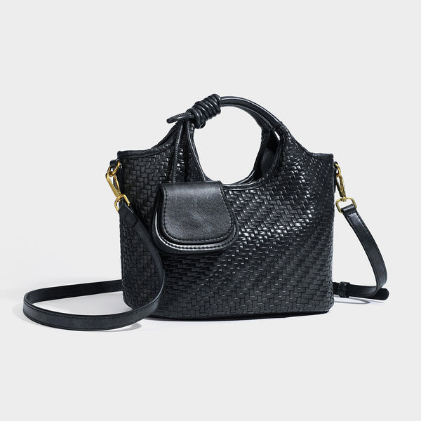 Woven leather-look tote bag in mocha brown with knotted top handle, front flap pocket, and detachable crossbody strap with