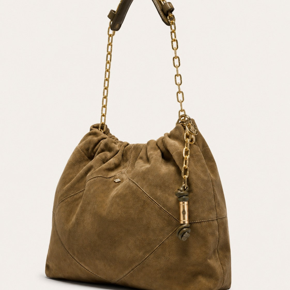 Slouchy suede-look shoulder bag with gathered top, angular stitched paneling, and chunky gold-tone chain strap, detail view 2