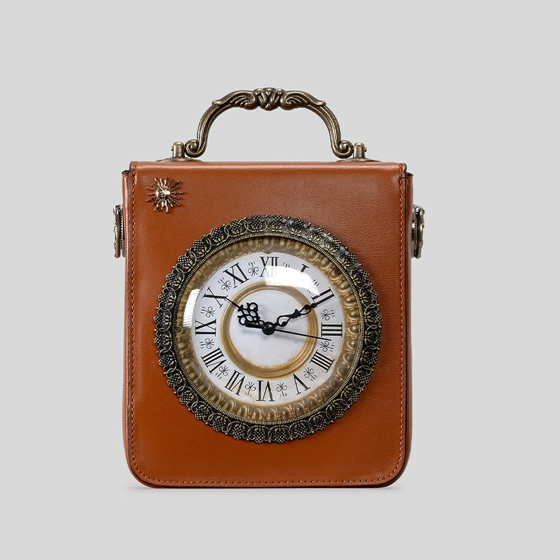 Small structured rectangular crossbody bag with ornate antique-style clock face and brass hardware in, detail view 7