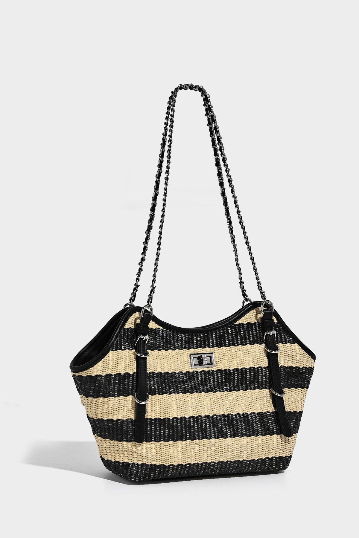 Black and natural striped woven tote bag with chain shoulder strap and silver-tone turn-lock hardware, detail view 15