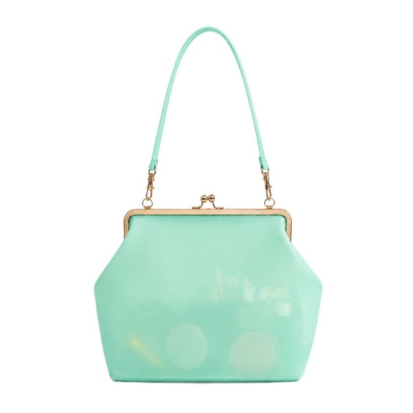 Structured translucent pastel frame-clasp shoulder bag with gold-tone hinged ball clasp and slim top handle, detail view 5