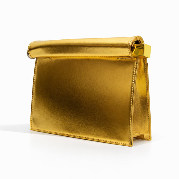 Structured rectangular clutch bag with rolled-top bar closure, gold-tone and silver-tone mixed metal hardware, detail view 10