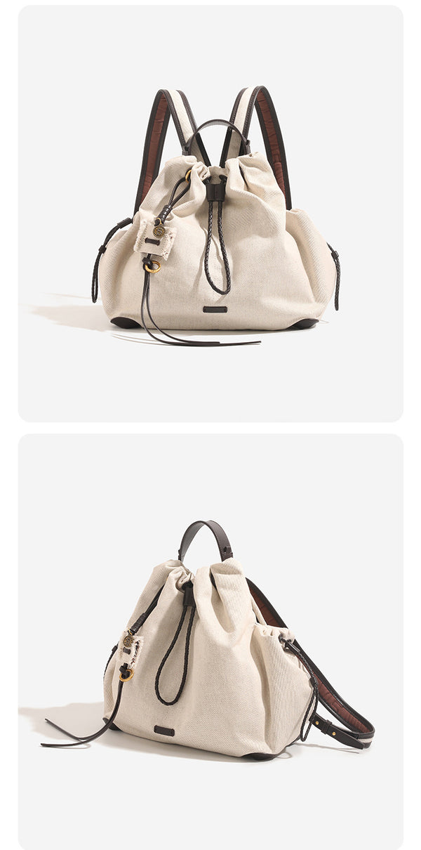 Lässiger Rucksack in Beutelform mit Kordelzugverschluss, Besätzen in cognacfarbener Kunstlederoptik und Eckenschonern, Detailansicht 11