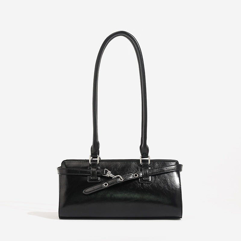 Glossy leather-look baguette shoulder bag with silver-tone hardware and buckle-strap detail, detail view 7