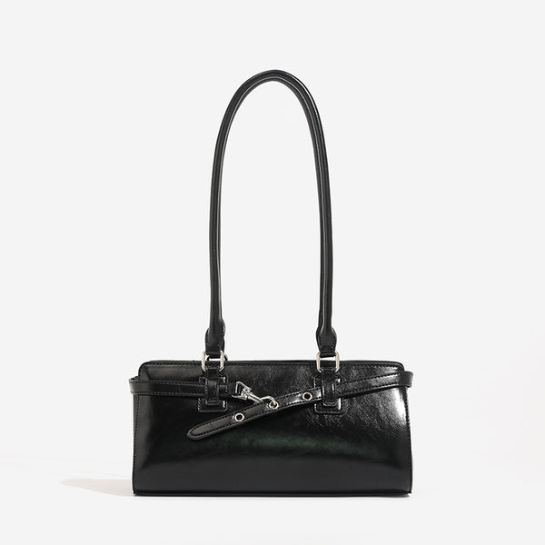 Glossy leather-look baguette shoulder bag with silver-tone hardware and buckle-strap detail, detail view 7