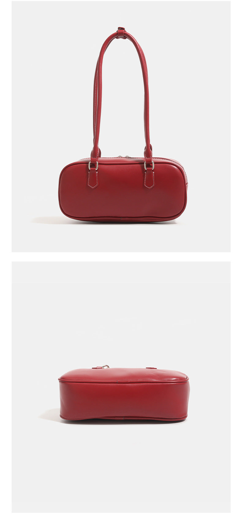 Compact rounded baguette shoulder bag with smooth leather-look finish, slim double straps, silver-tone zipper hardware, and
