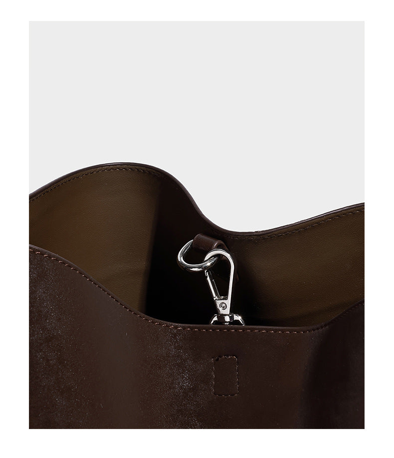 Large two-tone matte suede-effect and smooth leather-look bucket tote bag with detachable zip pouch and silver-tone hardware