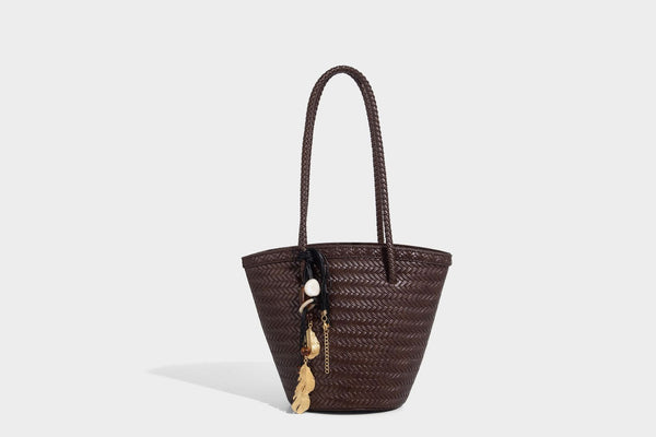 Chevron-woven bucket tote bag with braided shoulder straps and matching drawstring pouch, detail view 22