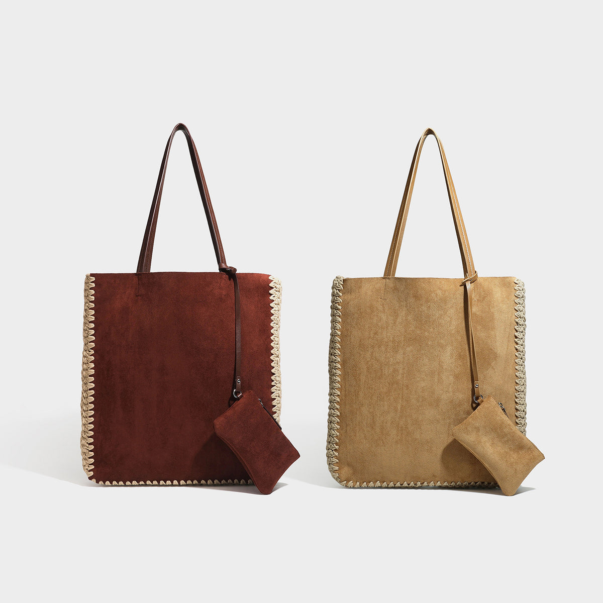 Large matte suede-look tote bag with cream rope-crochet edge trim, long slim shoulder straps, and small detachable matching